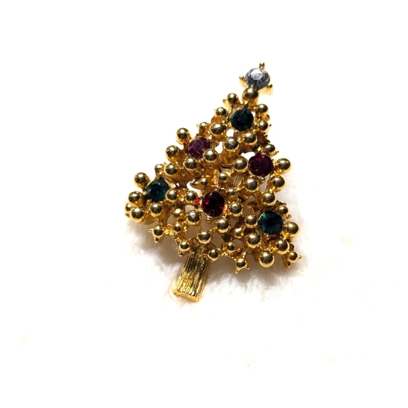 Vintage Goldtone Christmas Tree Tac Pin with Green and Red Rhinestone Accents - Picture 6 of 7